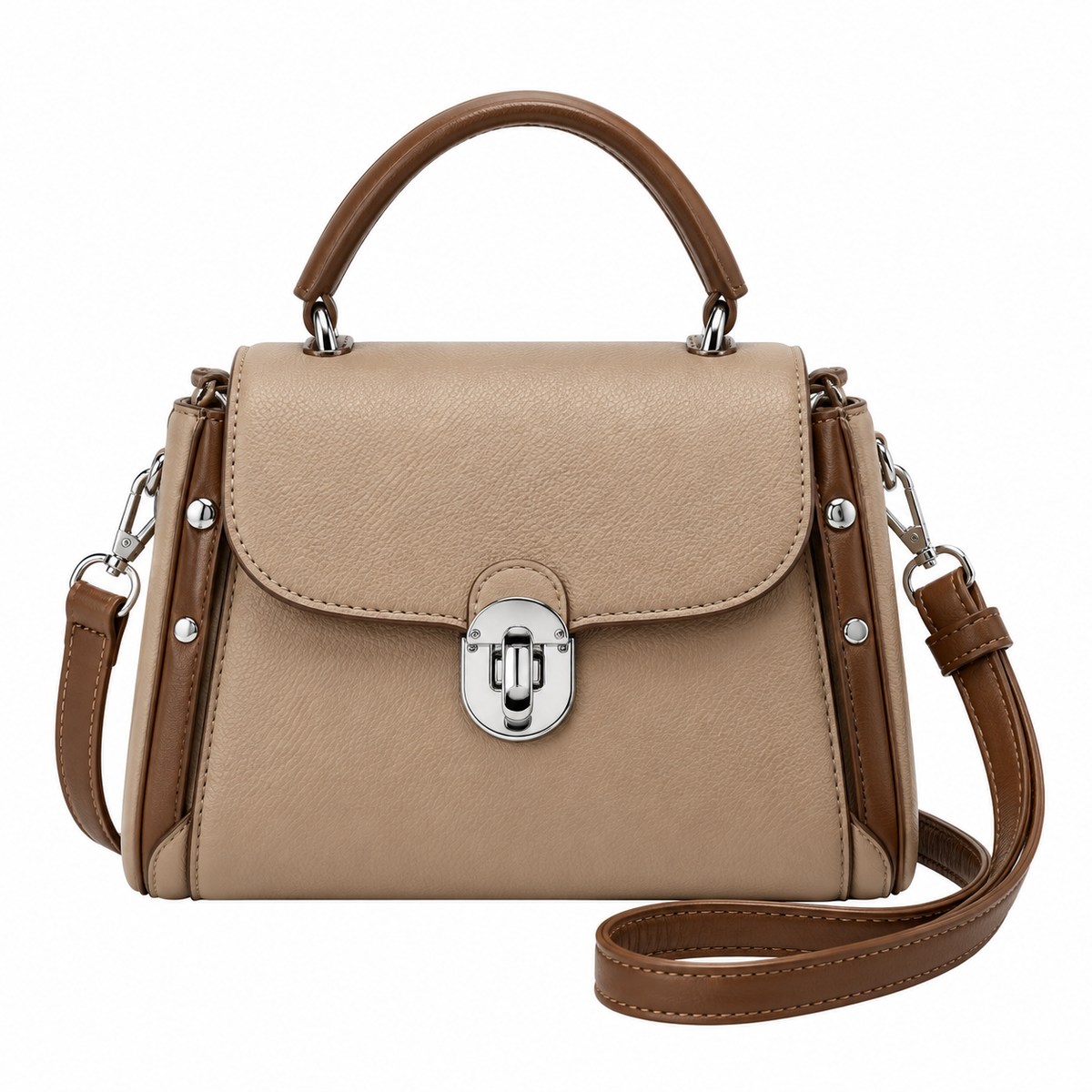 Aviq Women's Taupe Brown Structured Leather Shoulder Handbag